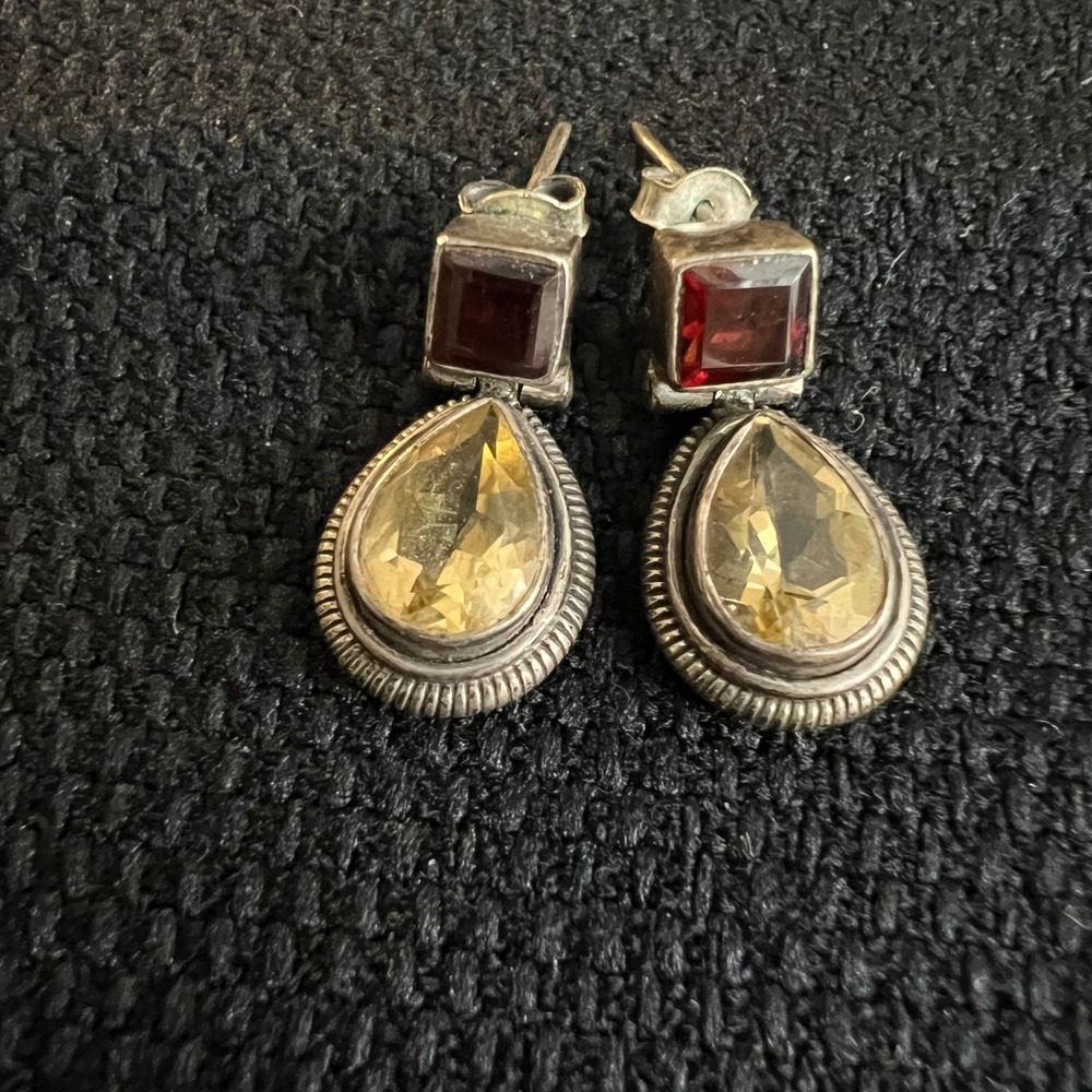 Sterling Silver 925 Citrine and Garnet Dangle Earrings 1 Inch
